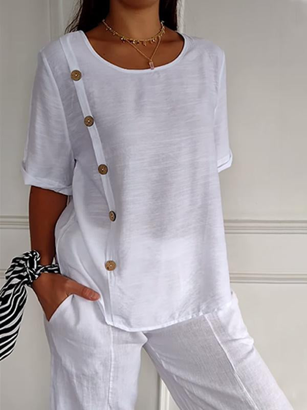 ARAI | Chemise décontractée pour femme avec motif de boutons, en coton et lin.